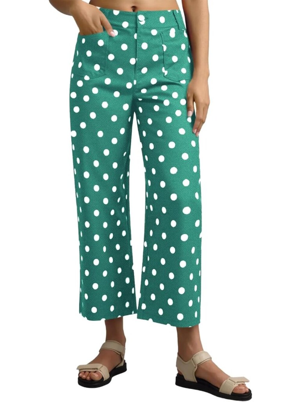 Women's Polka Dots Green Cropped Striped Jeans High Waisted Wide Leg Denim Pants